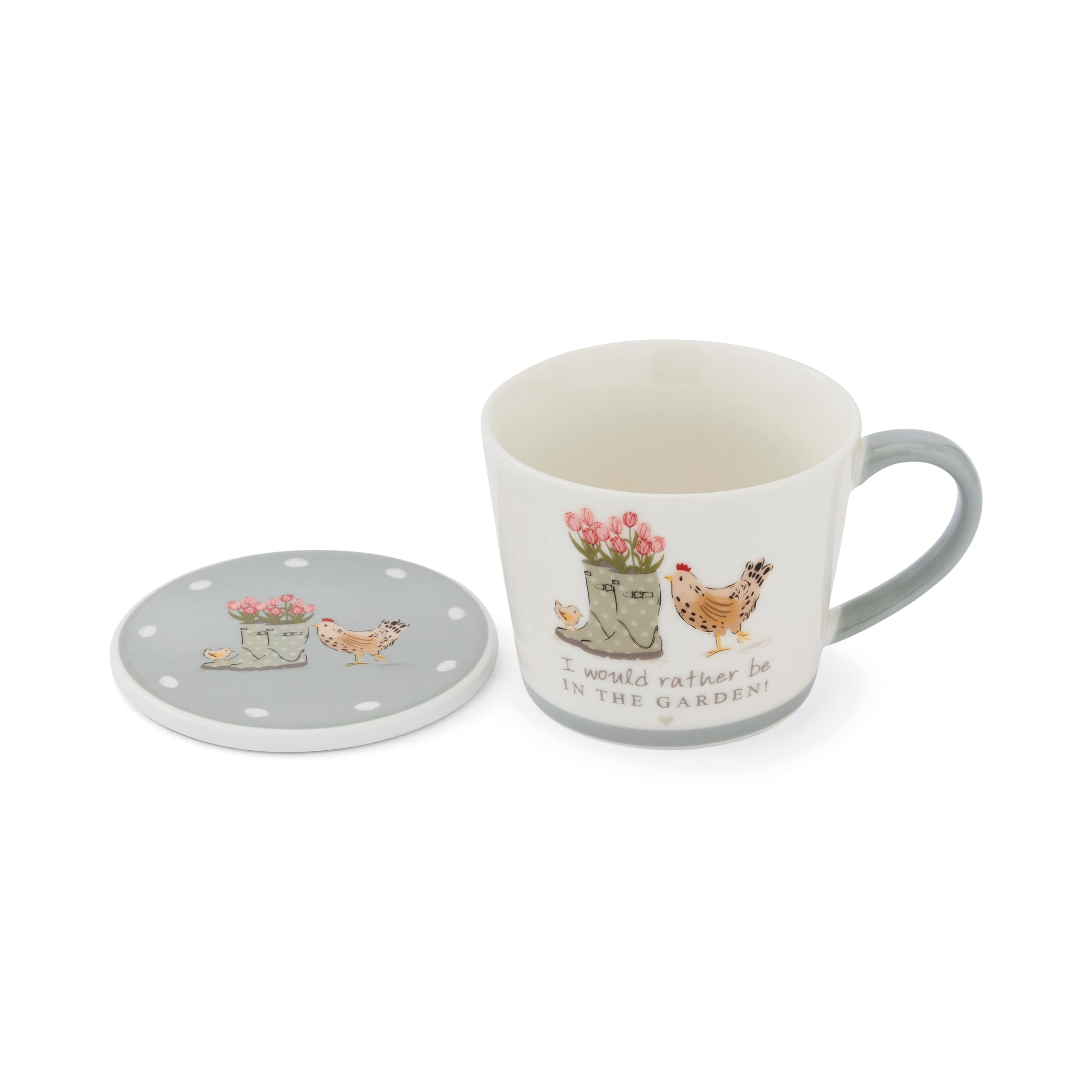 Cooksmart Hen House Lane Mug & Coaster Set | 12oz Farmhouse-Style Mug with Matching Coaster | New Bone China | Rustic Hen & Farm Print | Dishwasher & Microwave Safe Mugs