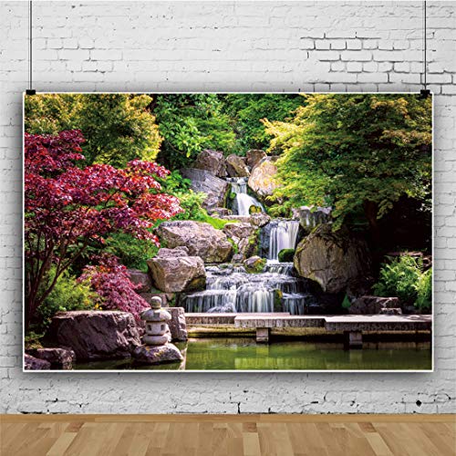Fondo Fotográfico Japonés 7x5ft Jardín y Cascada miniatura 3