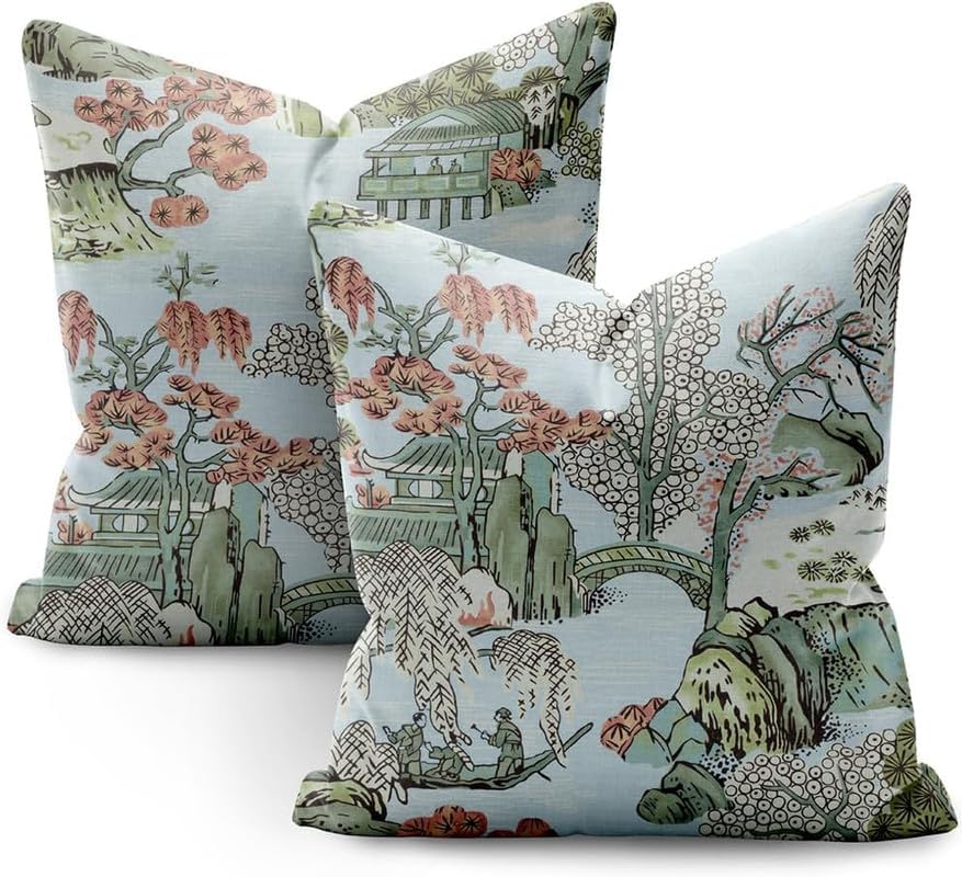 Chinoiserie - Juego de 2 fundas de almohada de 20 x 20 pulgadas, color azul y blanco, fundas de almohada decorativas de lino para exteriores, fundas