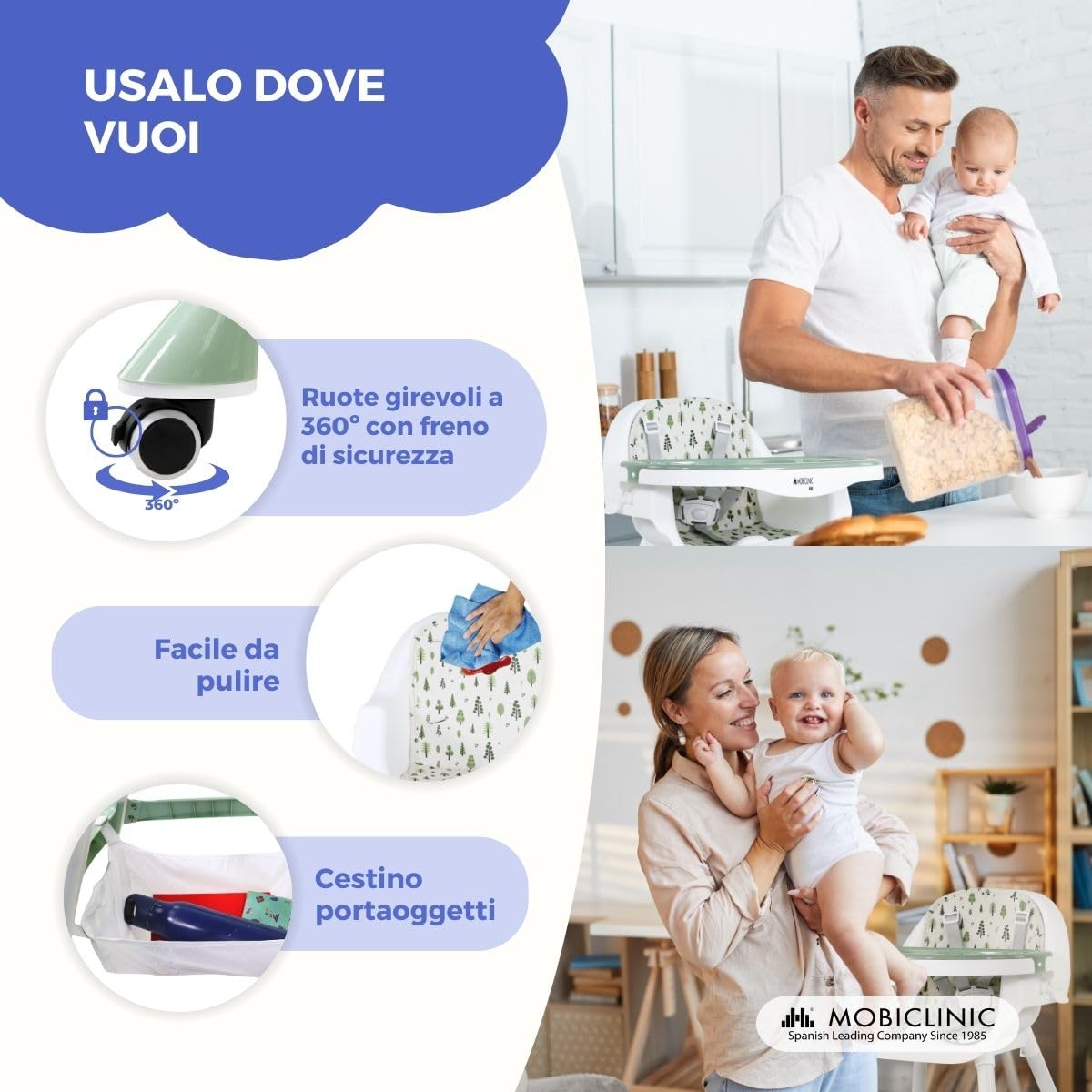 Mobiclinic® kids, Seggiolone evolutivo, 2 in 1, Altezza regolabile, 6-36 mesi, Forest, Cintura di sicurezza a 5 punti, Ruote rimovibili, Fino 35 kg, Cestino portaoggetti, Girevoli 360º