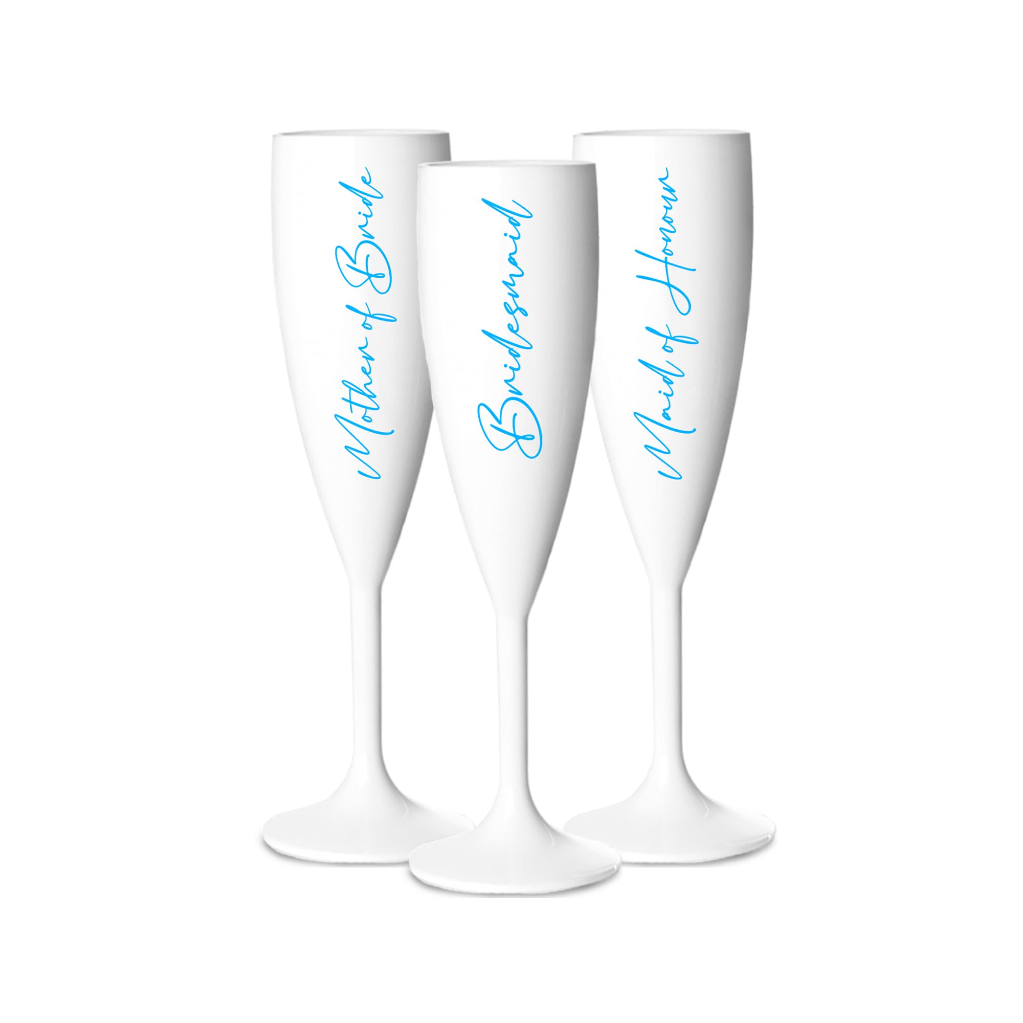 Print Maniacs Champagne Premium White Flute Glass Bride Groom Mr Mrs Wedding Maid Honour Wine Cocktail Prosecco Celebrations Gift (Baby Blue, Set of 3 Brides Side)