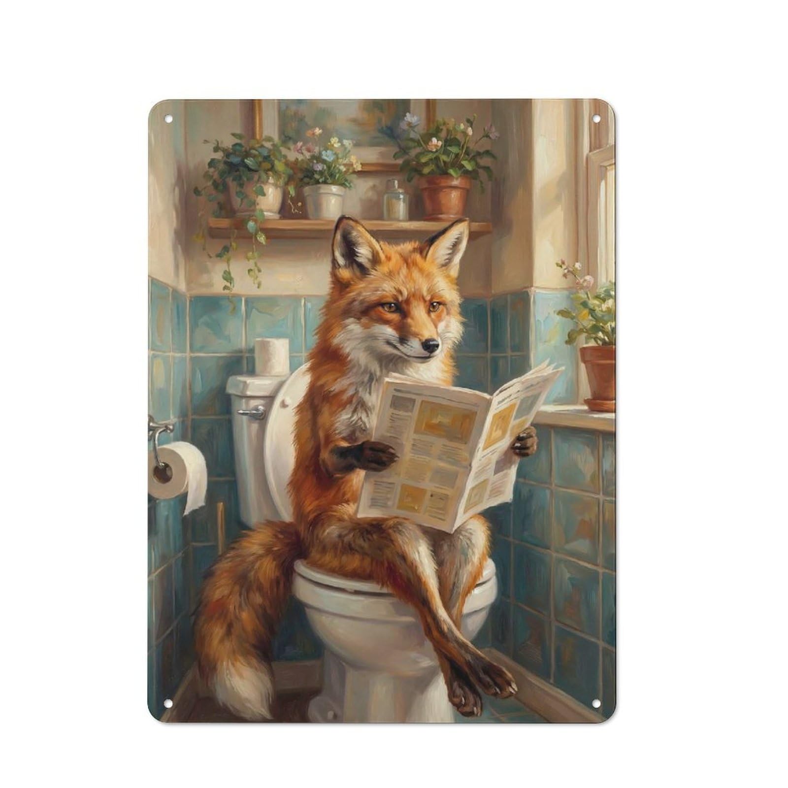 Junmoney Style-10 Metal Plaque 40X30cm With Fox Reading Newspaper On Toilet For Pub Or Café, Vintage Decor, For Vintage Wall Decor Fans, For Metal Sign Collectors