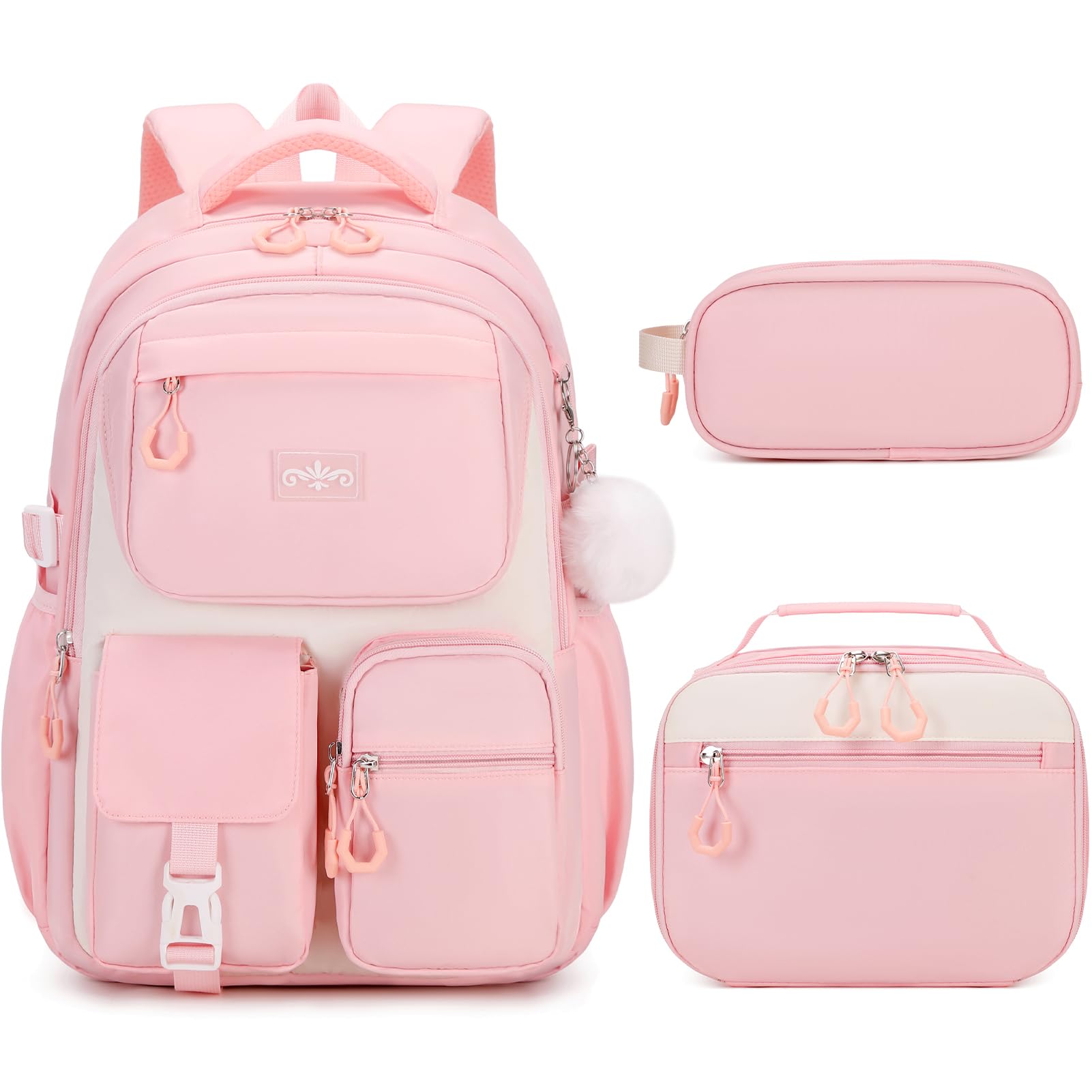 Girls Backpack Set with Lunch Box & Pencil Pouch, Waterproof Laptop Daypack for forestfish, Teen Backpack Set, Pink nylon with insulated  main image 3