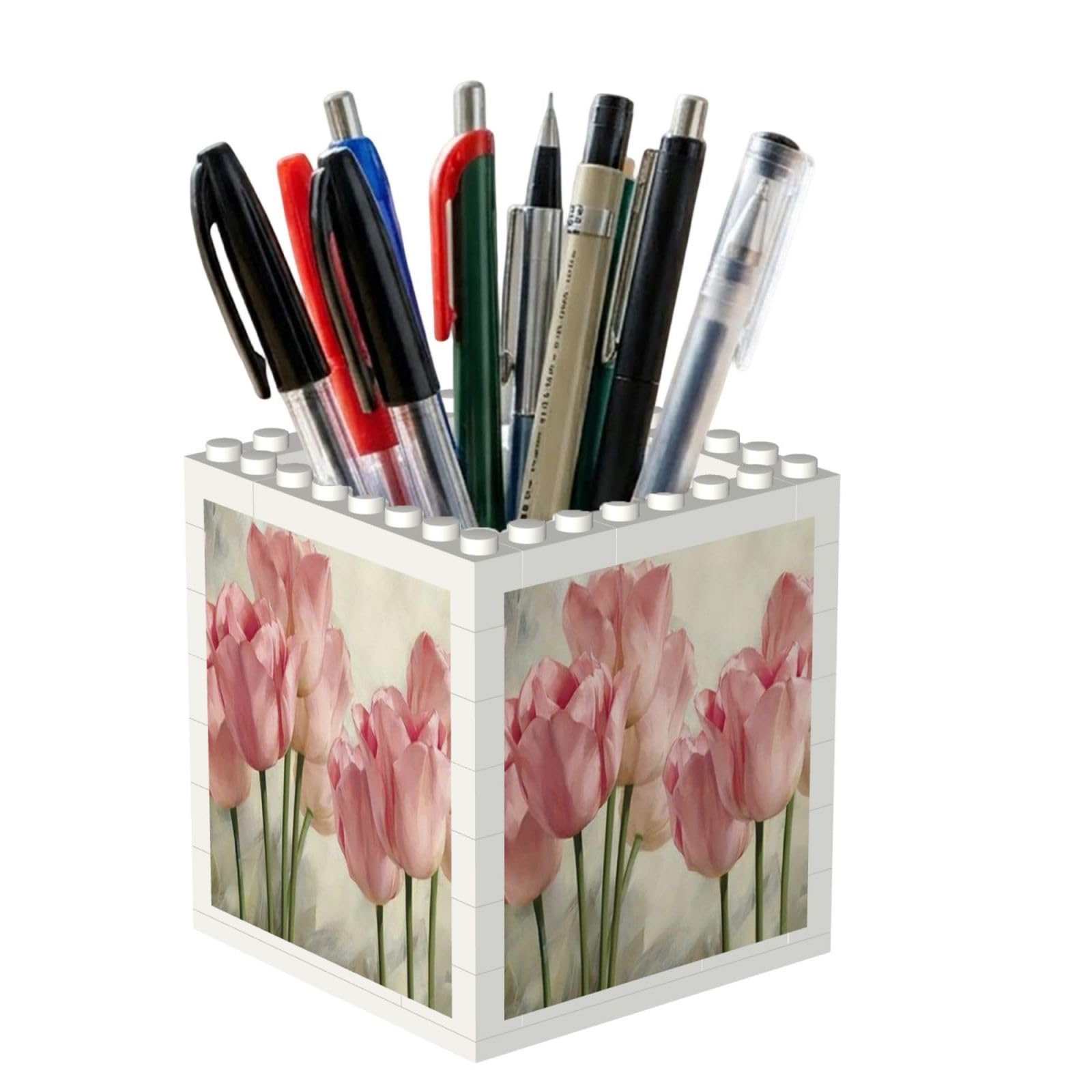 Poadnly Pink Tulips Printed, Pen Pot Pencil Holder for Office Home School, Compact Desk Organiser for Office Stationery