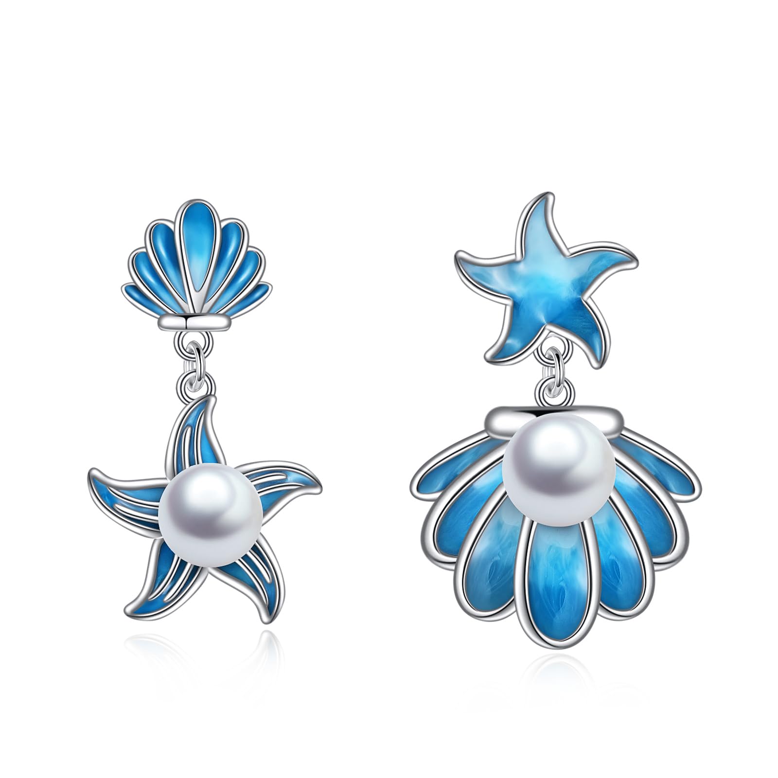 YFN Pendientes de playa con estrella de mar para mujer, plata de ley, conchas marinas, perlas, cierre de palanca, joyería oceánica, regalo, Plata de ley, Sin piedra preciosa