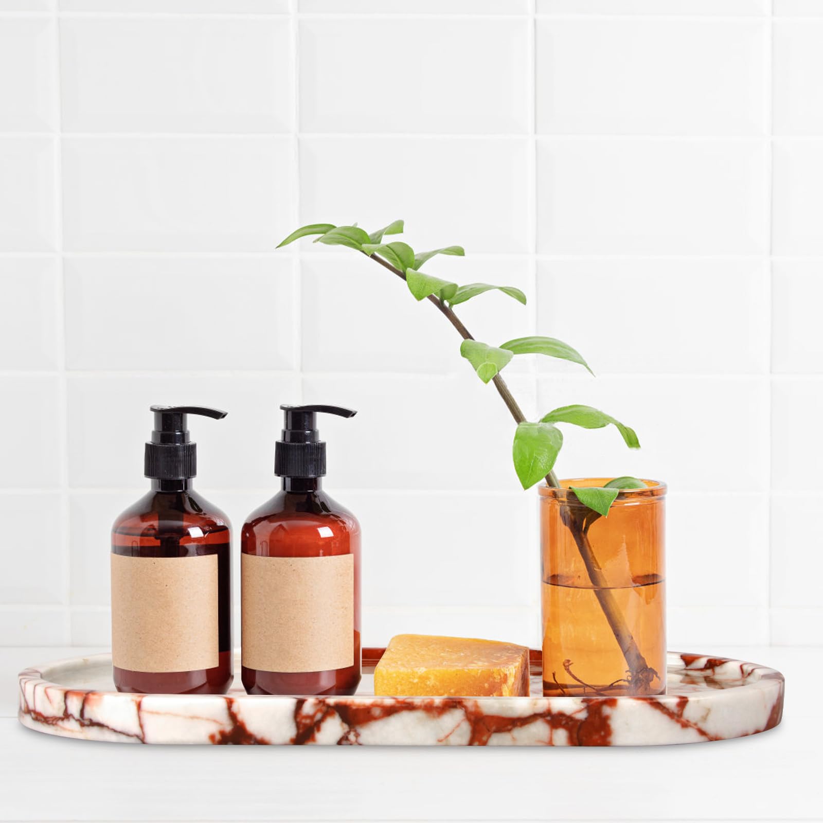 Plateau de Salle de Bain Plateau Oval Marbre Naturel Luxe Décoratifs pour Coiffeuse Organisateur Bougie Bijoux Parfum Maquillage Calacatta Rouge 30 x 15 cm