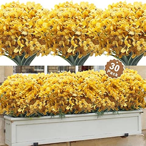 Aufind 30 Bundles Artificial Flowers, Outdoor Indoor UV Resistant Fake Flowers No Fade Faux Plastic Greenery Shrubs Garden Porch Window Box Decorating Cover