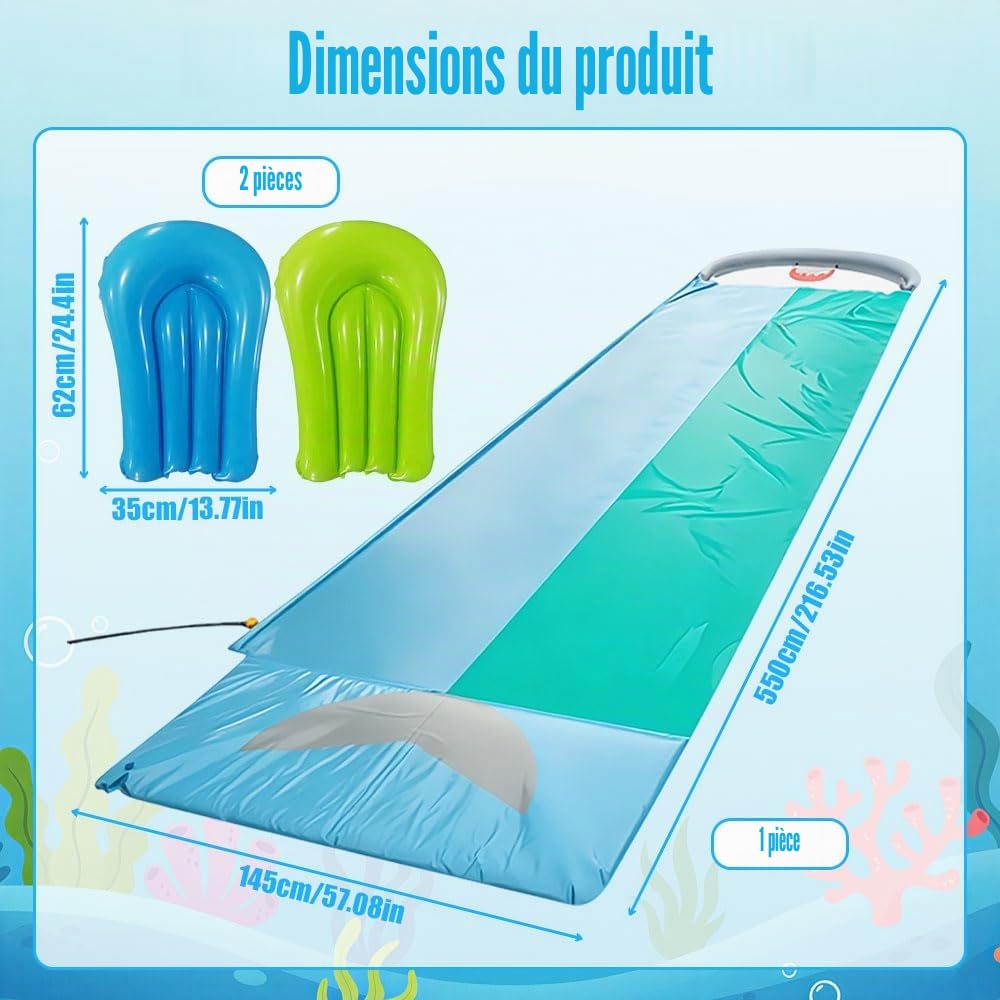 Mineup Toboggan Aquatique, 550 X 140cm Toboggan De Pelouse D'été avec Arroseur Intégré, Tobogga pour Pelouse Double Tobogga À Eau avec 2 Bodyboards, Idéal pour Le Jardin Et La Pelous