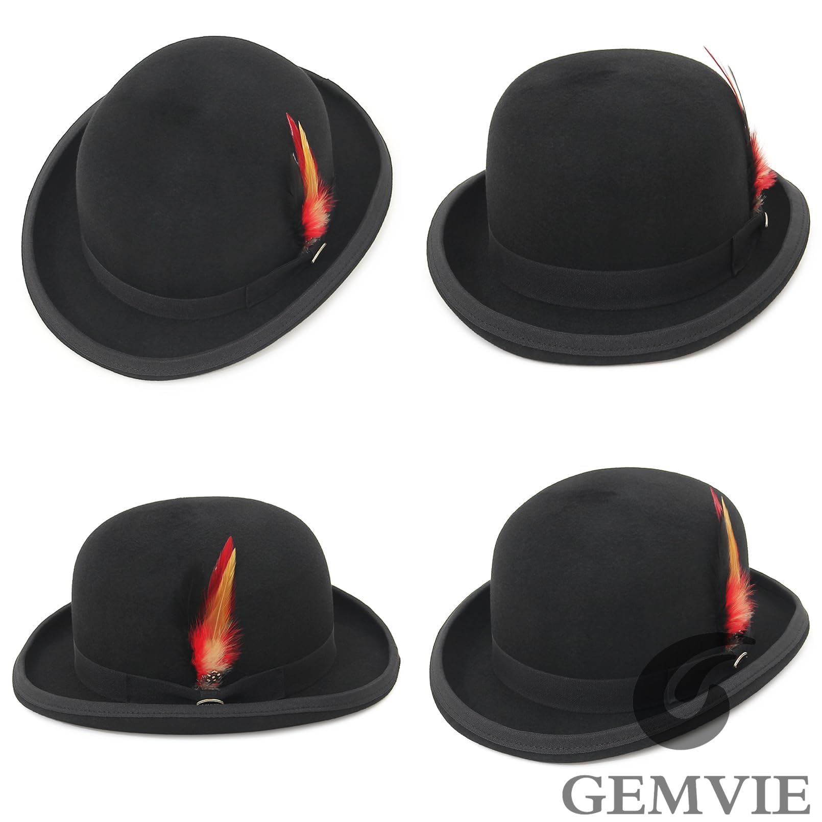 GEMVIE Chapeau Melon Derby Homme Laine avec Plume Chapeau Derby Noir doublé Satin