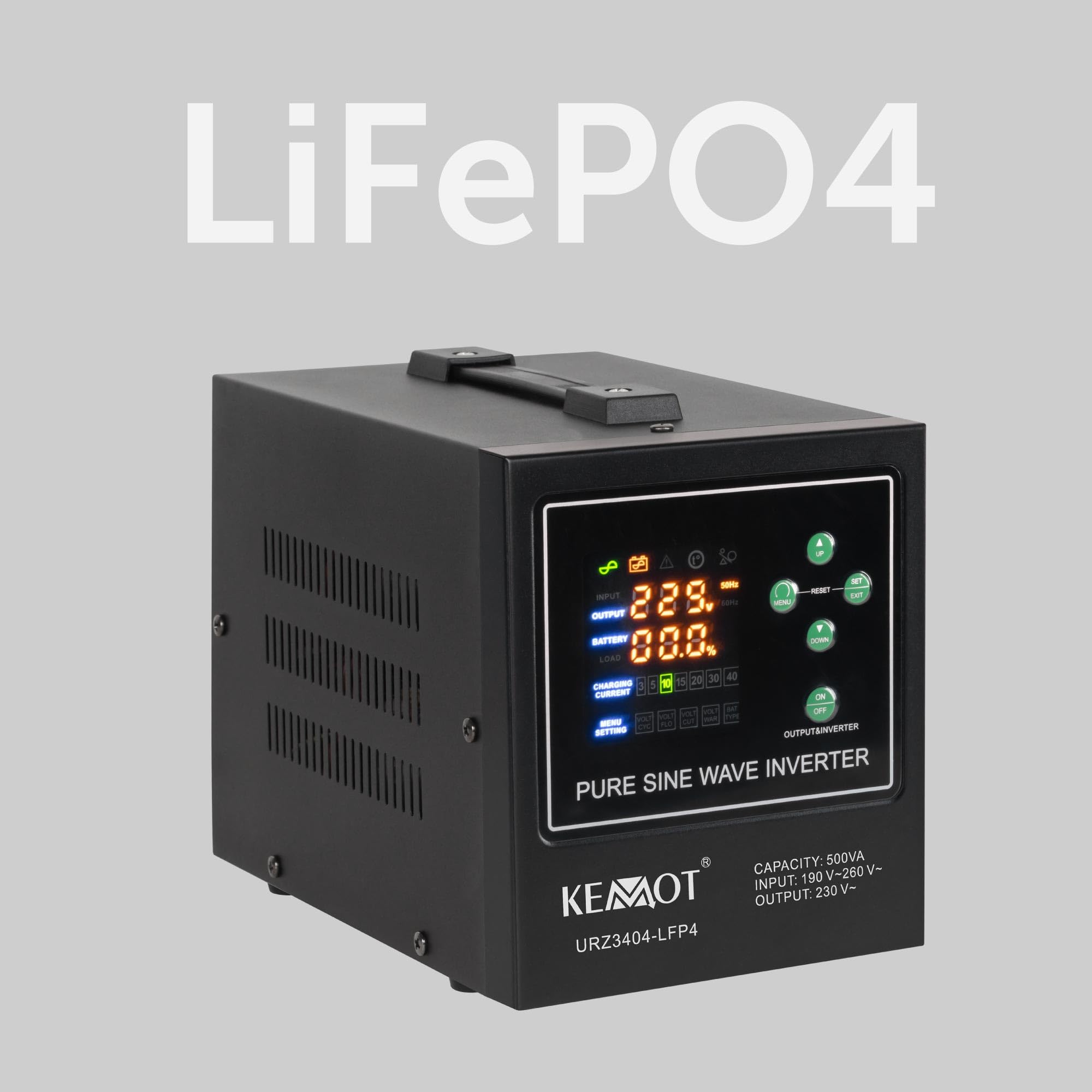 KEMOT Zasilacz Awaryjny PROsinus-500-LFP4 Przetwornica z Czystym Przebiegiem Sinusoidalnym i Funkcją Ładowania 12V 230V 500VA/300W
