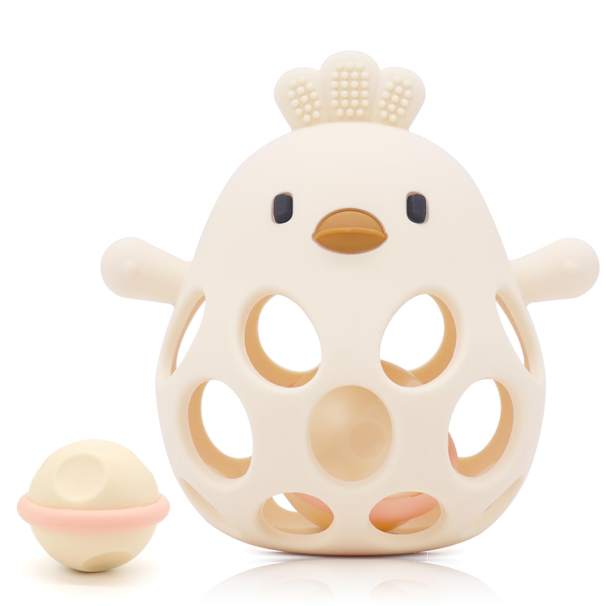 farout Montessori Beißring & Rassel für Babys - Sensorik Spielzeug ab 0 Monate, Zahnungshilfe & Greifball - Geschenk für Jungen & Mädchen (Cream)