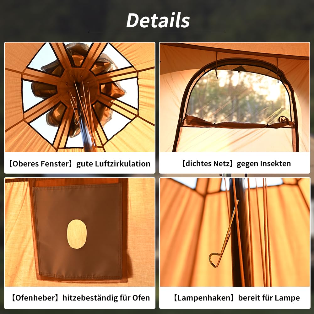 TOMOUNT Tipi Tente en coton pour 6-8 personnes - Tente familiale en toile pyramides - Grande tente glamping pour camping, randonnée, festival, fête, mariage, fête musicale