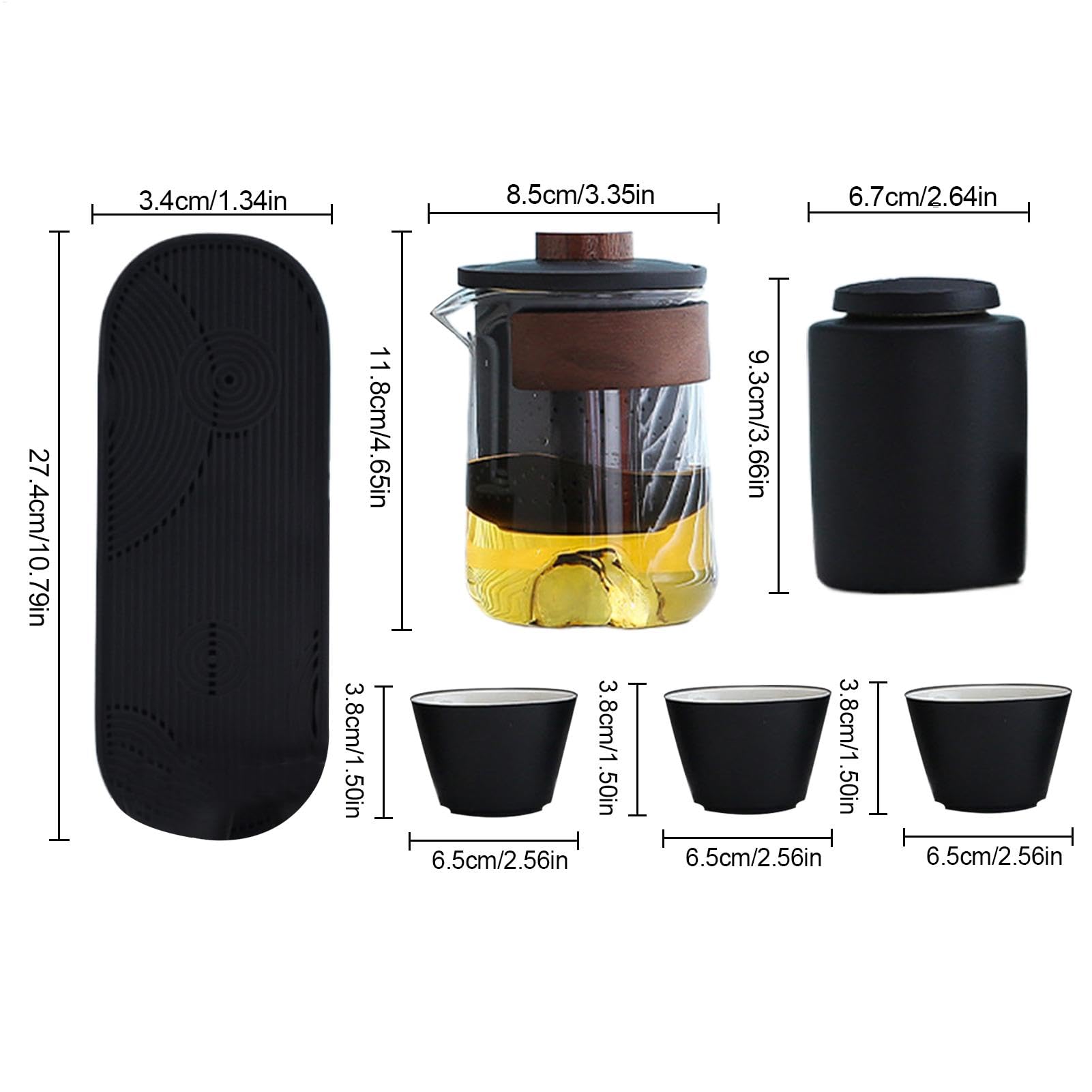 Juego de Té de Viaje con de - Juego de Té Resistente al Calor, Juego de Té | Compacto Portátil Con, Colador De Té, Bandeja De Té, 3 Tazas Y Bolsa De Almacenamiento Para Acampar