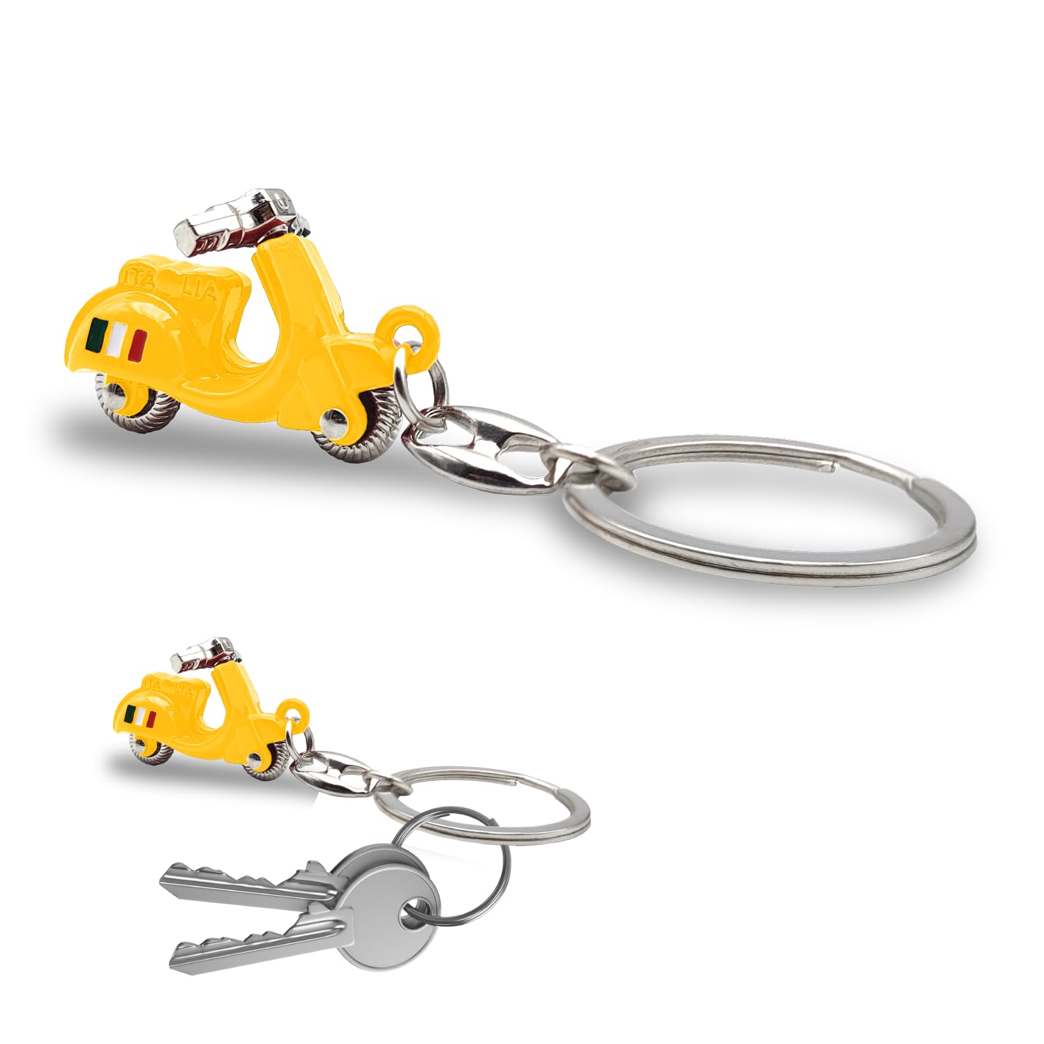 3D Italian Scooter Keyring - Realistic Design with Articulated Handlebar - Italian Flag on the Side - Durable Metal - Gift Idea for Men and Women - Accessories for Car, Motorcycle and Backpack,