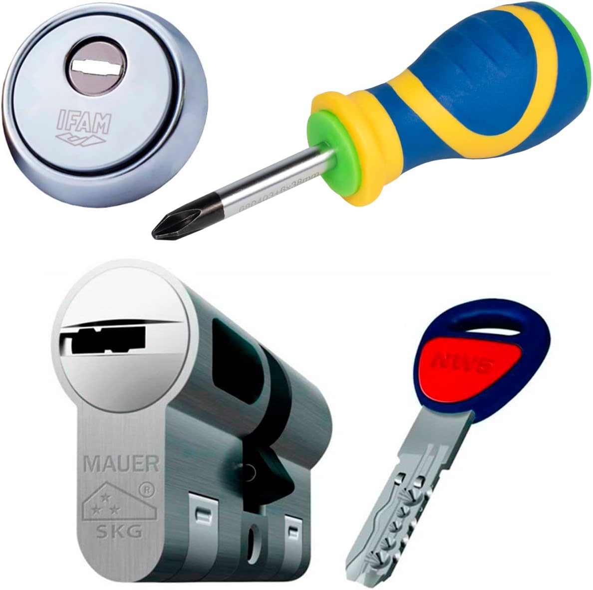 Bombin de Seguridad MAUER NW5 31x31 Color Niquel + Escudo Ifam + Destornillador, Cilindro Bombillo Reforzado Antirotura Antibumping Antitaladro Leva Antiextracción Cerradura para Puerta 5 Llaves
