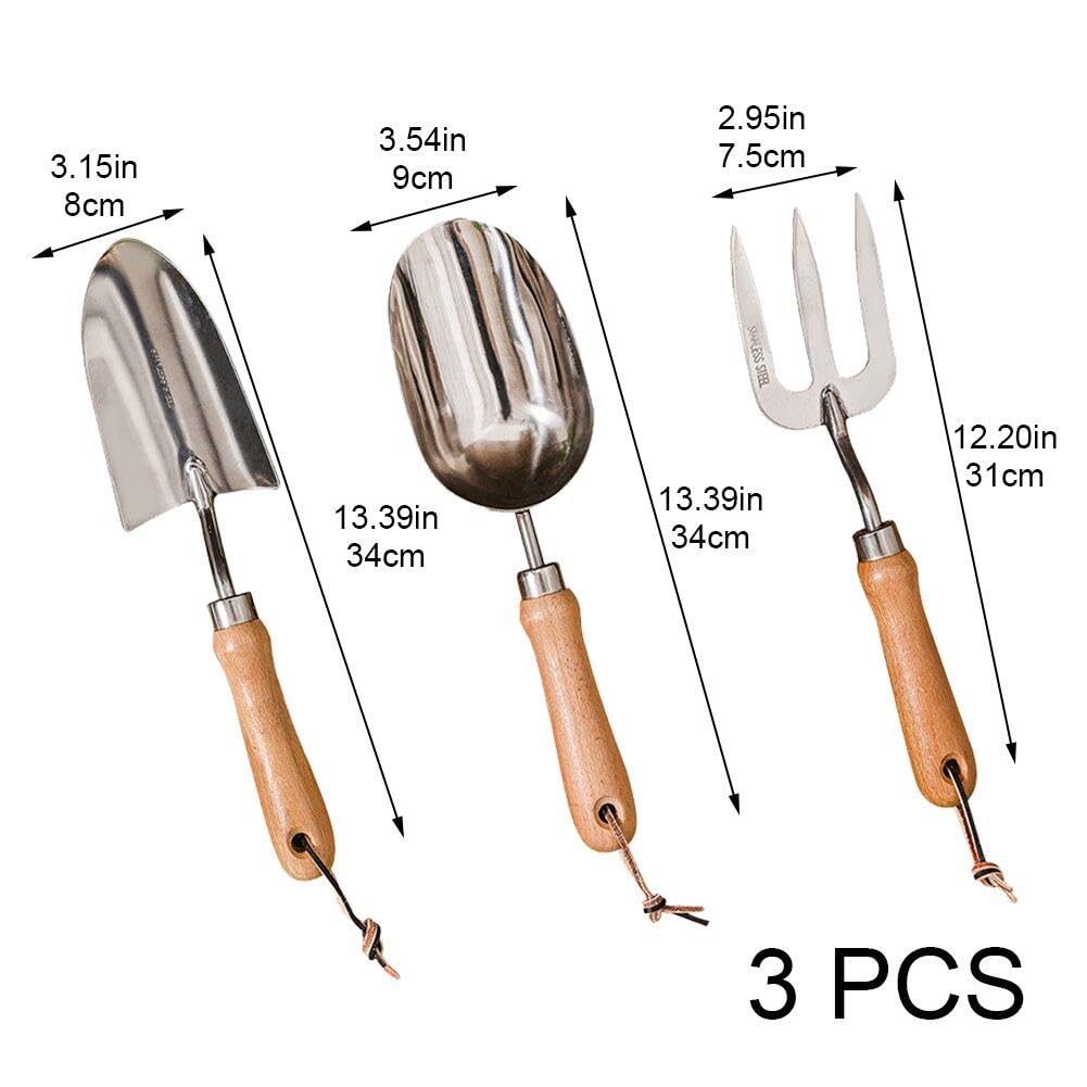 Hrippy 3 Pezzi Kit di Attrezzi Giardinaggio, Utensili Bonsai Rastrellati Giardino Impostare Manico in Legno per Fiori in