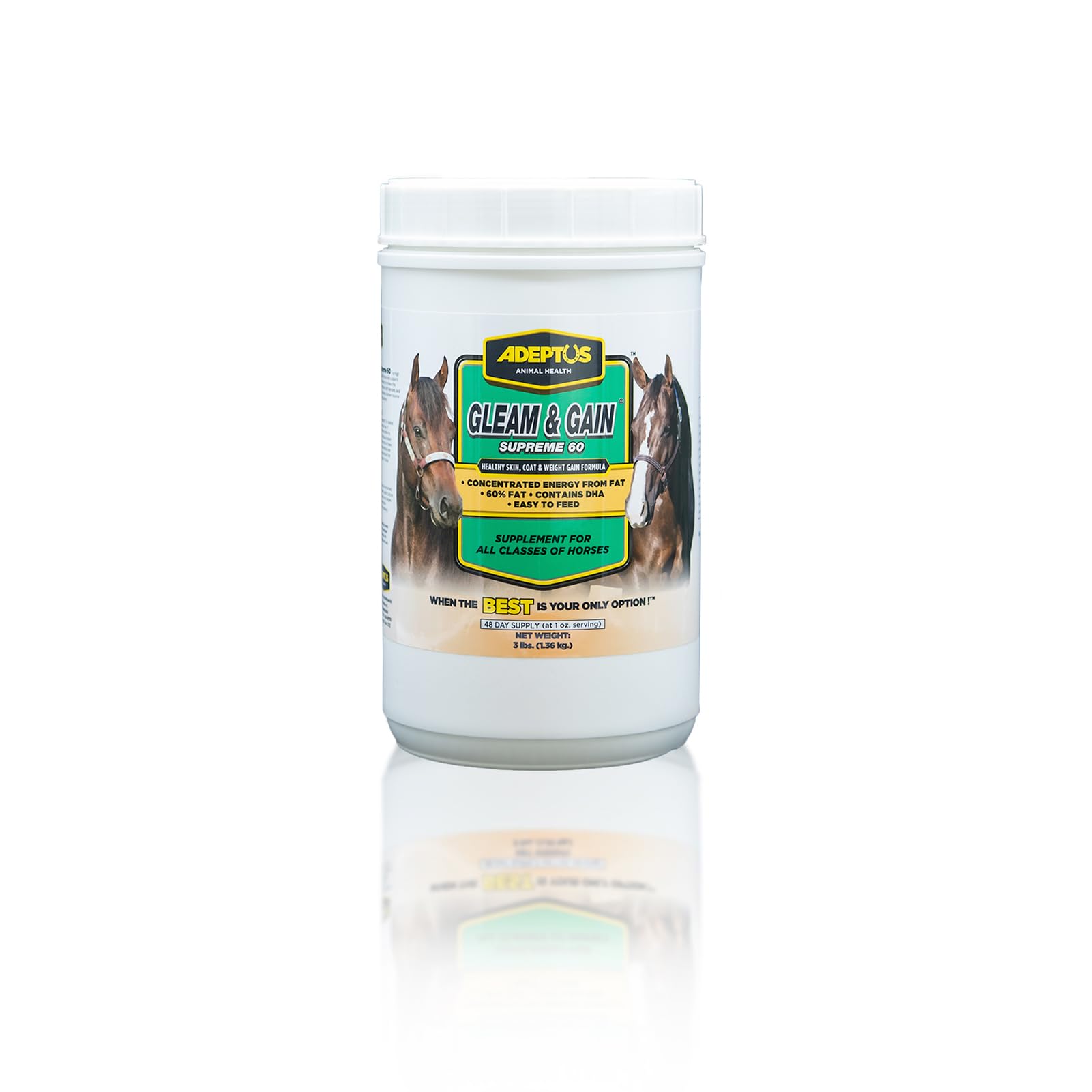 Adeptus Nutrition Gleam & Gain Supreme 60, High-Fat Horse Supplement for Skin, Coat, Weight Gain, Maintenance, Conditioning, Equine Feed Topper for Working, Performance, Senior, Underweight Horses