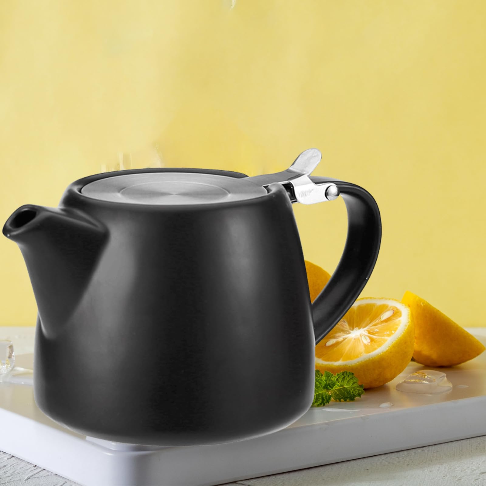 Tetera con filtro de 500 ml, tetera de cerámica negra con colador de acero inoxidable extraíble, tetera de porcelana para té suelto y bolsitas de té