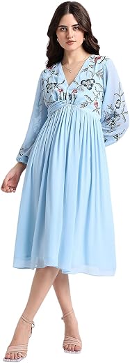 Amazon Brand - INKAST Women Embroidered V-Neck Chiffon A-line Dress | Casual &amp; Semi-Formal Everyday Office Wear | Long Sle...