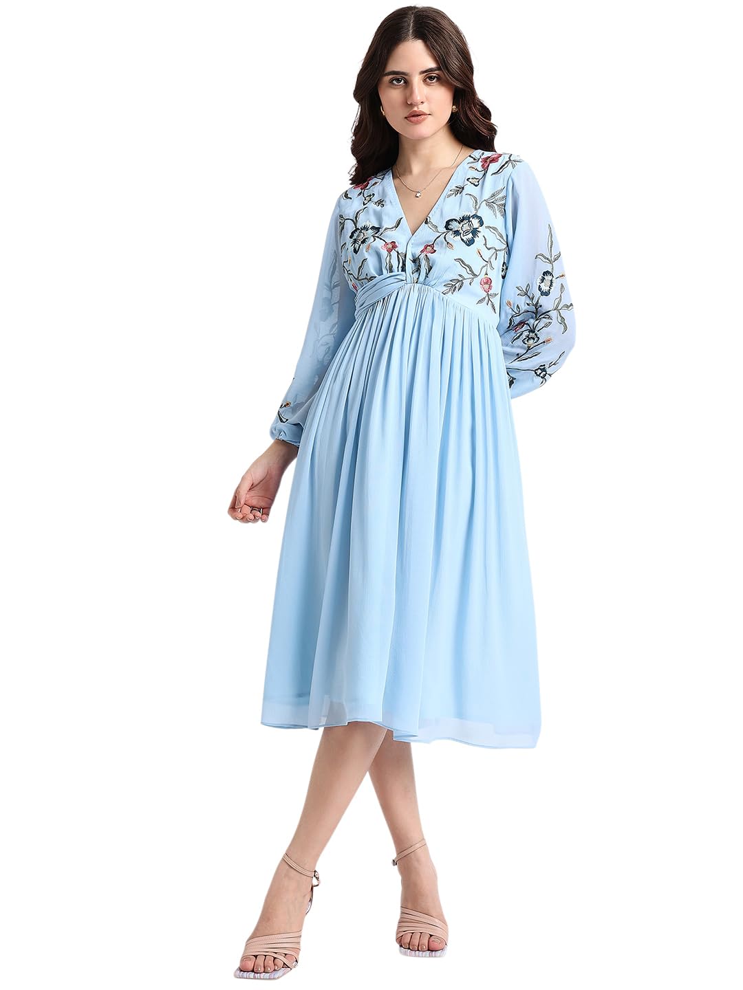 amazon brand - inkast Women Embroidered V-Neck Chiffon Dress for Women |Perfect for Casual and Semi-Formal Occasions-picture-29