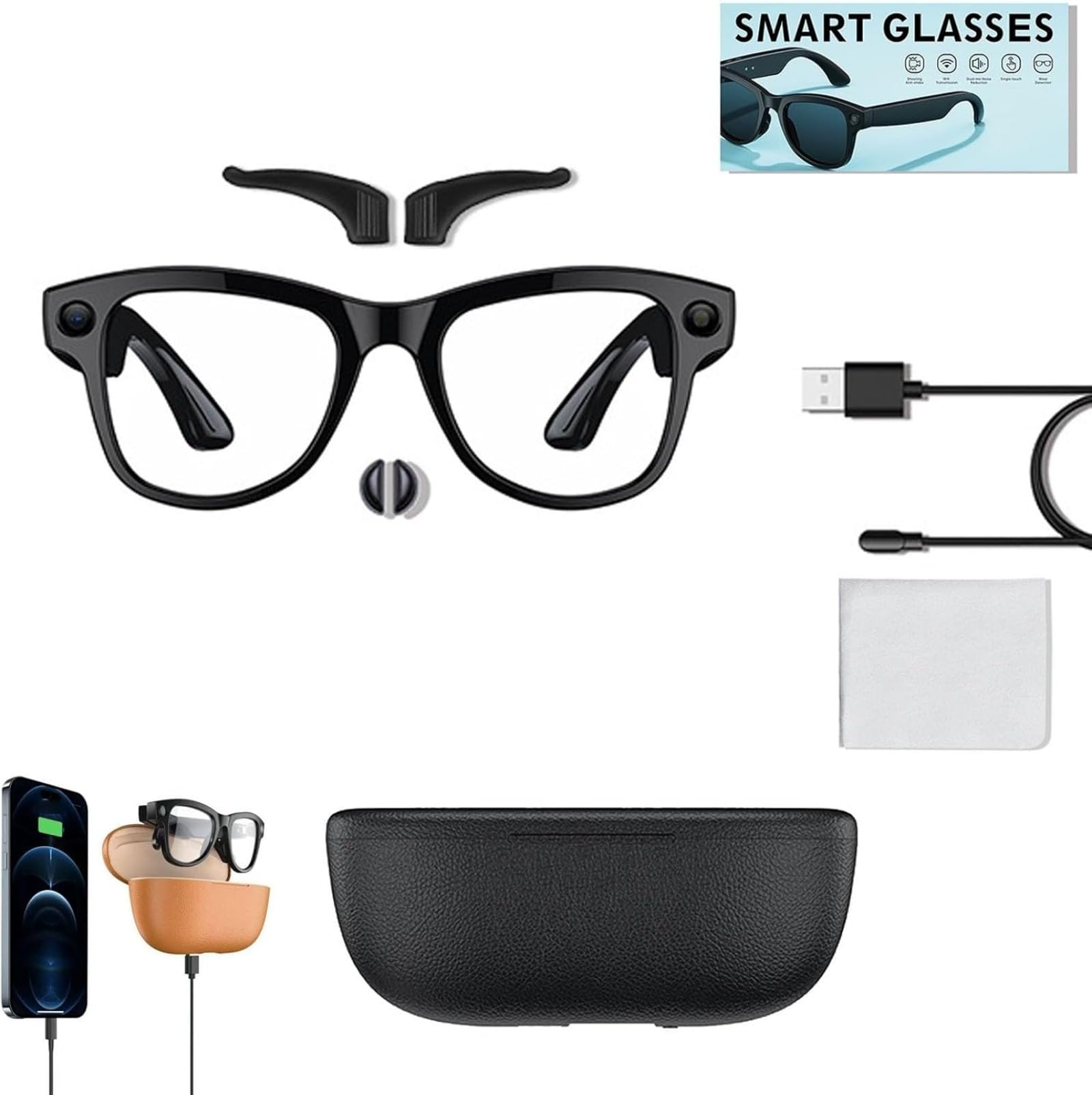 M02 Ultra Smart Glasses with 8MP Camera Reverse Charging Case AI Object Recognition Translation Hands-Free 4K Video Recording