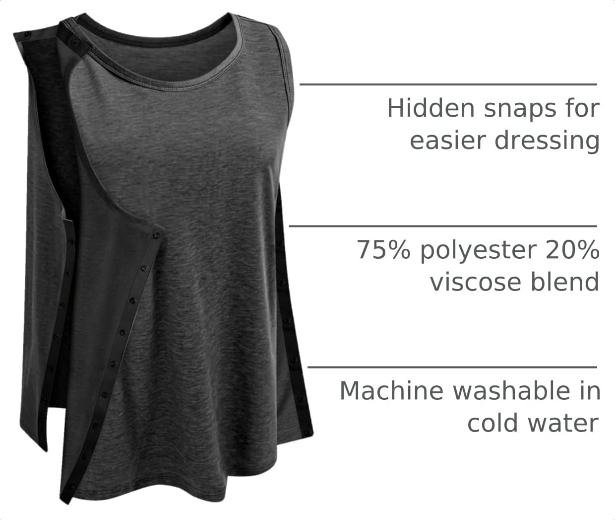 Unisex Post Shoulder Surgery Tank Tops Snap Open Tearaway Shirt Arm Chest Recovery Side Snap Access Tear Way Shirts