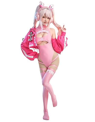 haikyuu Women Alice Cosplay Bodysuit with Jacket Anime One Piece Cutout Bathing Suit Tummy Control - Standard - Large - Pink