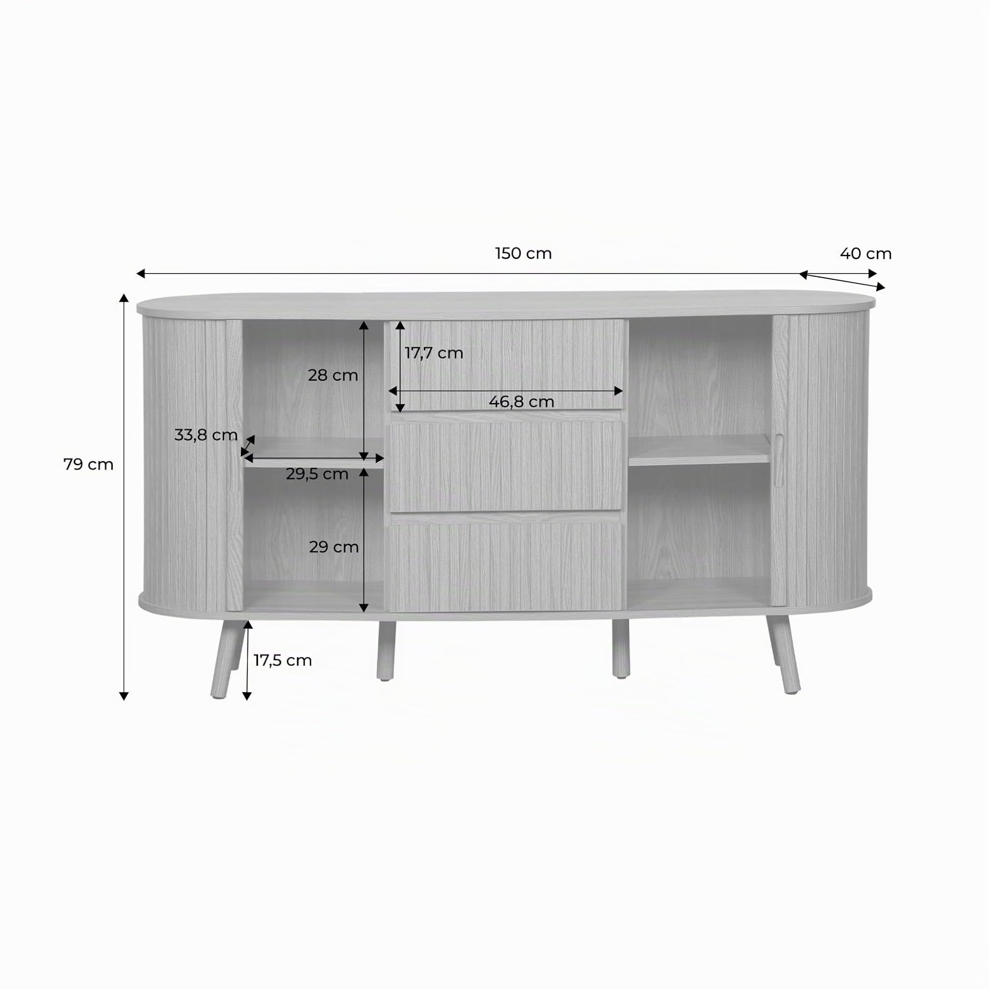Alice's Garden sweeek - Buffet scandinave Ovale 2 Portes coulissantes. 4 Compartiments. 3 tiroirs. décor Bois rainuré. Teinte Noyer. L 150 x P 40 x H 79cm