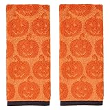 SKL Home Halloween Jack-O-Lantern 100% Cotton Jacquard 2pc Hand Towel Set, Reversible, Soft & Absorbent, Decorative for Bath/Kitchen/Bar & Gift, Orange