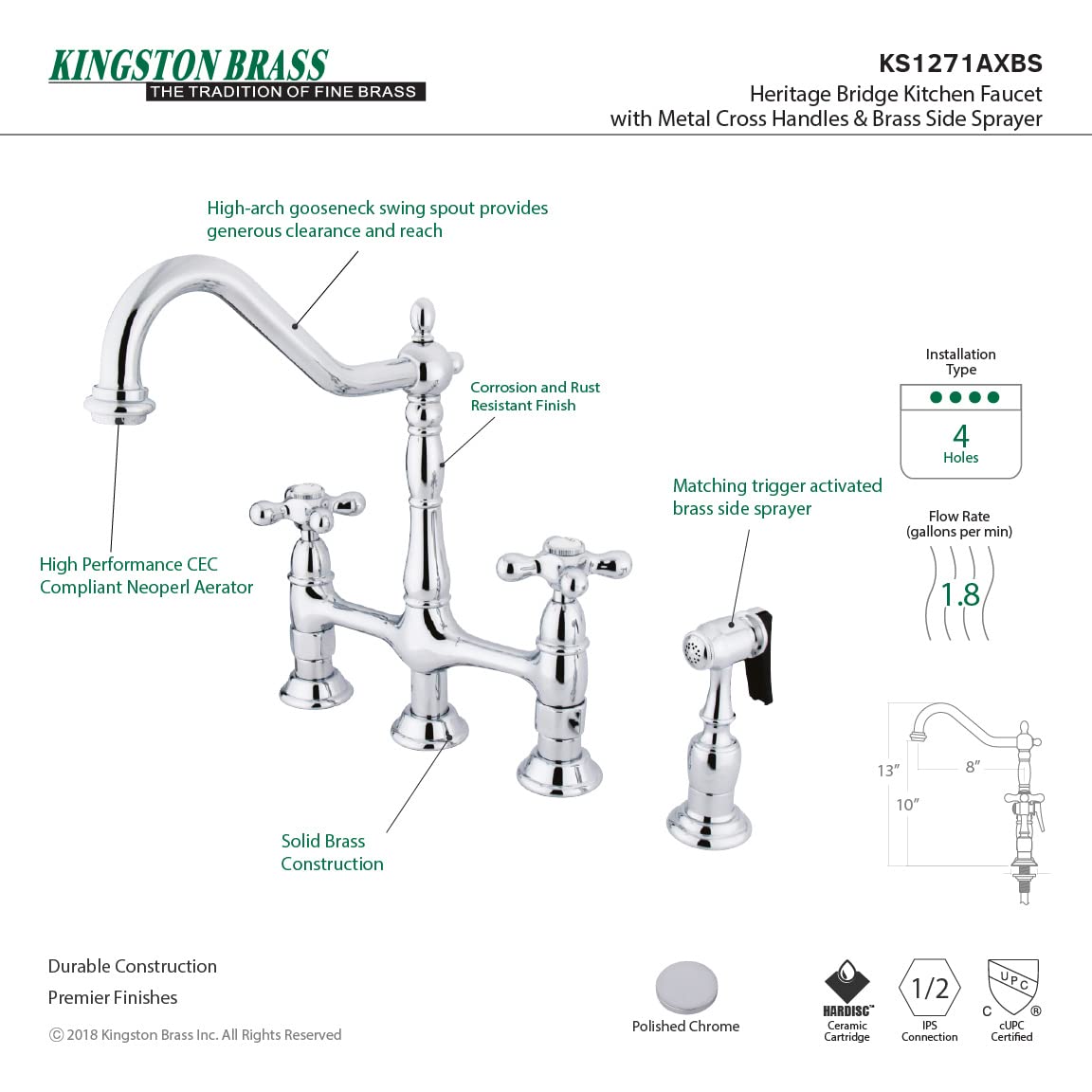 Kingston Brass KS1271AXBS Heritage Kitchen Faucet with Brass Sprayer, 8