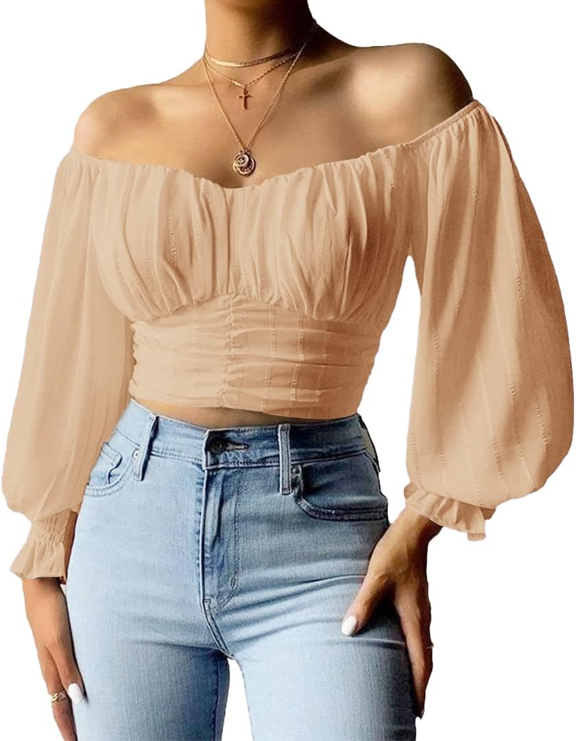 Womens Elegant Off The Shoulder Puff Sleeve Blouse Summer Chiffon Slim Fit Party Crop Top