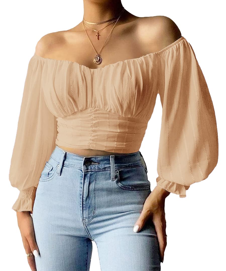 MIRACMODA Womens Elegant Off The Shoulder Puff Sleeve Blouse Summer Chiffon Slim Fit Party Crop Top