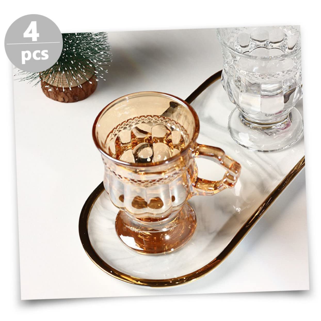 Cabilock Copas De Cristal Repujado 4 Unidades Vaso De Alta Altura Ideal Para Café Té y Postres.