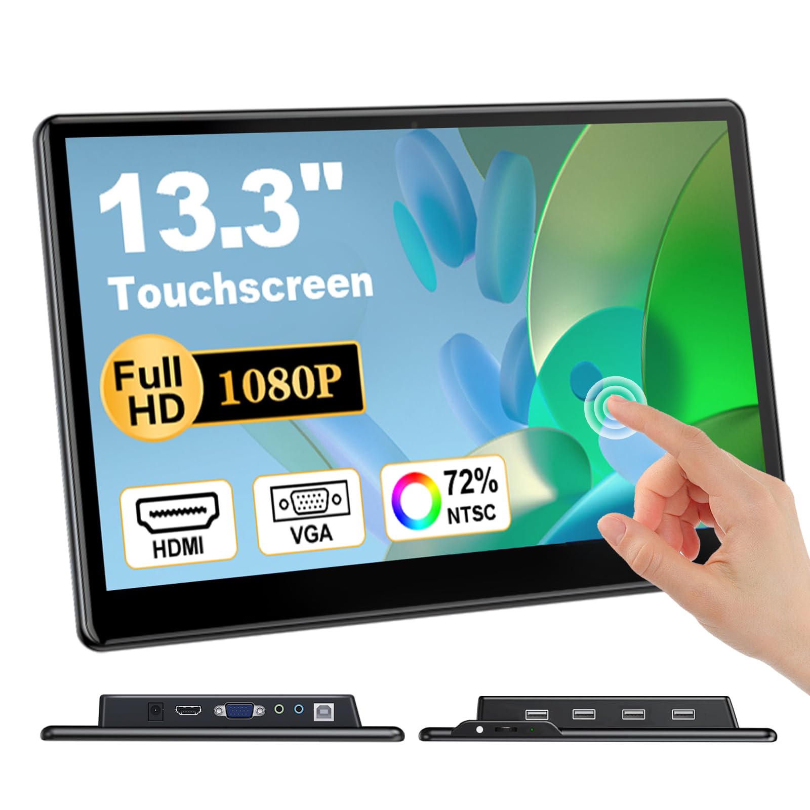 Pantalla táctil portátil 13,3 Pulgadas FHD 1920 × 1080 IPS Monitor táctil para computadora portátil HDMI VGA Plug & Play Soporte Soporte VESA Compatible con computadoras portátiles PC Mac
