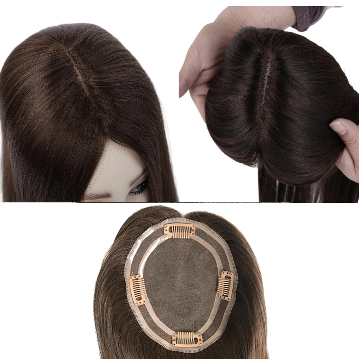 Damen Topper Haarteil mit Highlights, Braun-Blond Gesträhnt, Clip-In Echthaar Verlängerung (#2, 12”)