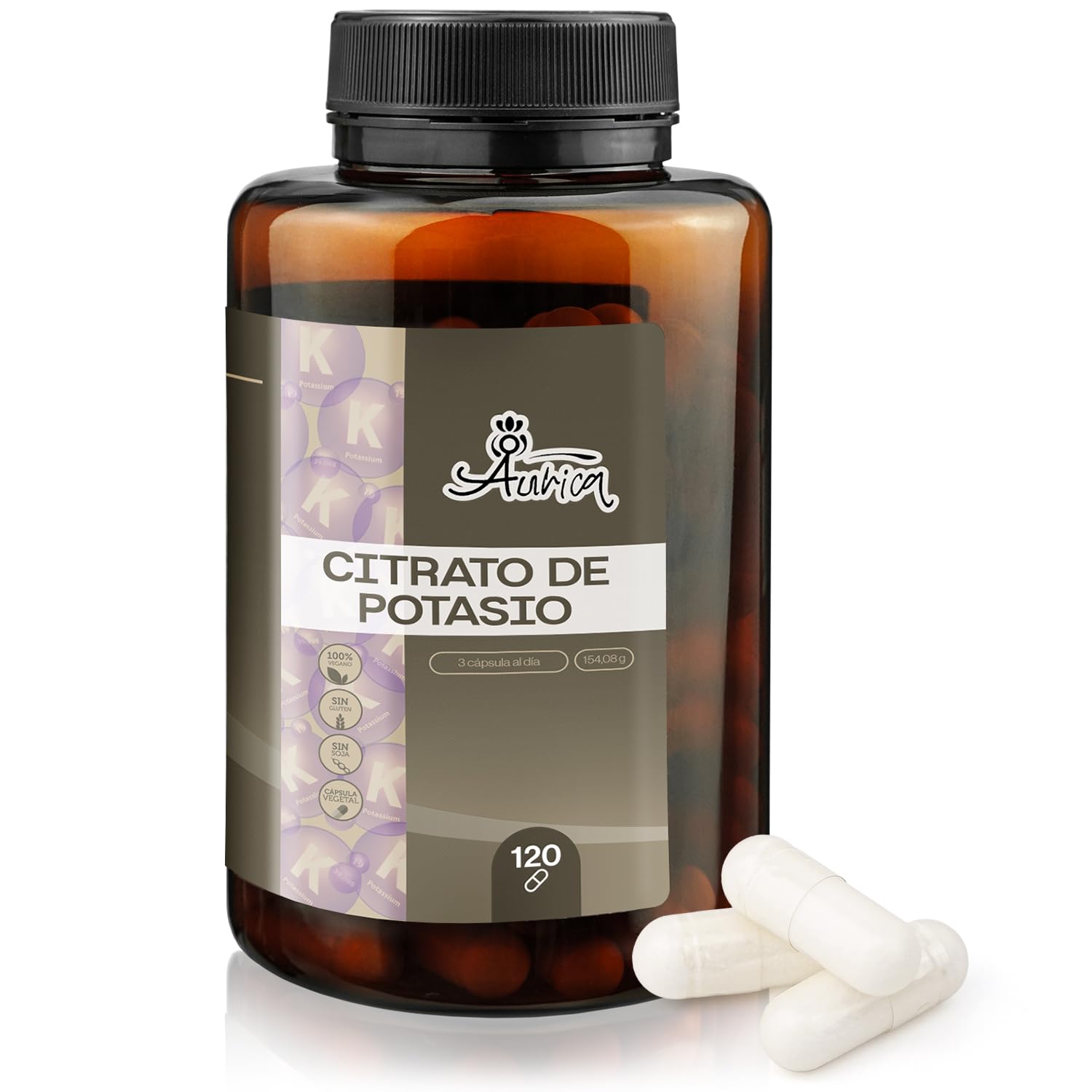 Aurica Citrato de Potasio 3000 mg - 1080 mg (54% VRN) por Dosis - Citrato de Potasio Cápsulas para el Funcionamiento Muscular y Equilibrio Electrolítico - 120 Cápsulas Veganas