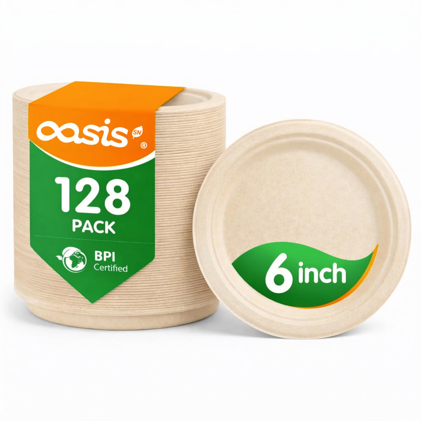 OasisSN 𝟔 𝐈𝐧𝐜𝐡, 𝟏𝟐𝟖-𝐏𝐚𝐜𝐤 Compostable Paper Plates, Heavy-Duty Biodegradable Disposable Dish Made from Bagasse, Perfeck for Snacks, Desserts, Party, Wedding and More (Nature)