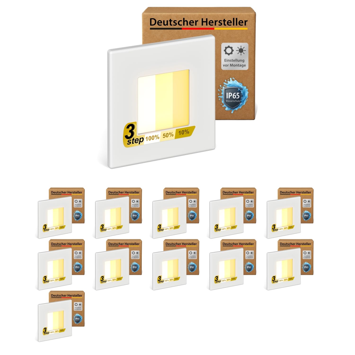 ledscom.de 12x LED Treppenlicht/Wandeinbauleuchte FEMA für innen und außen, eckig, 80 x 80mm, warmweiß