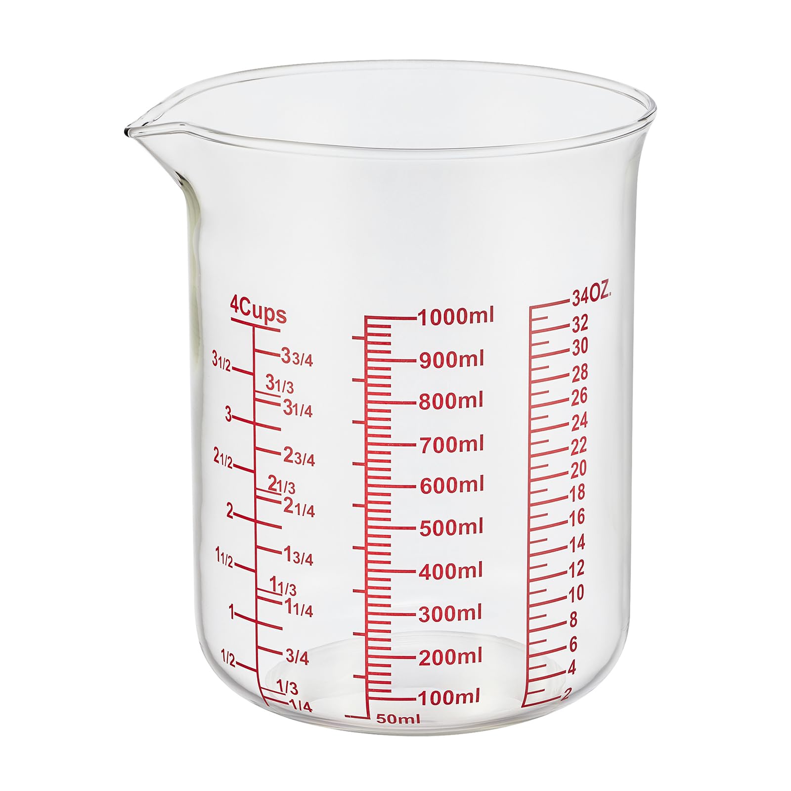 Vaso medidor de vidrio de borosilicato alto, boquilla en forma de V, vaso medidor de vidrio para cocina o restaurante, fácil de leer, 1000 ml (32 onzas, 4 tazas)