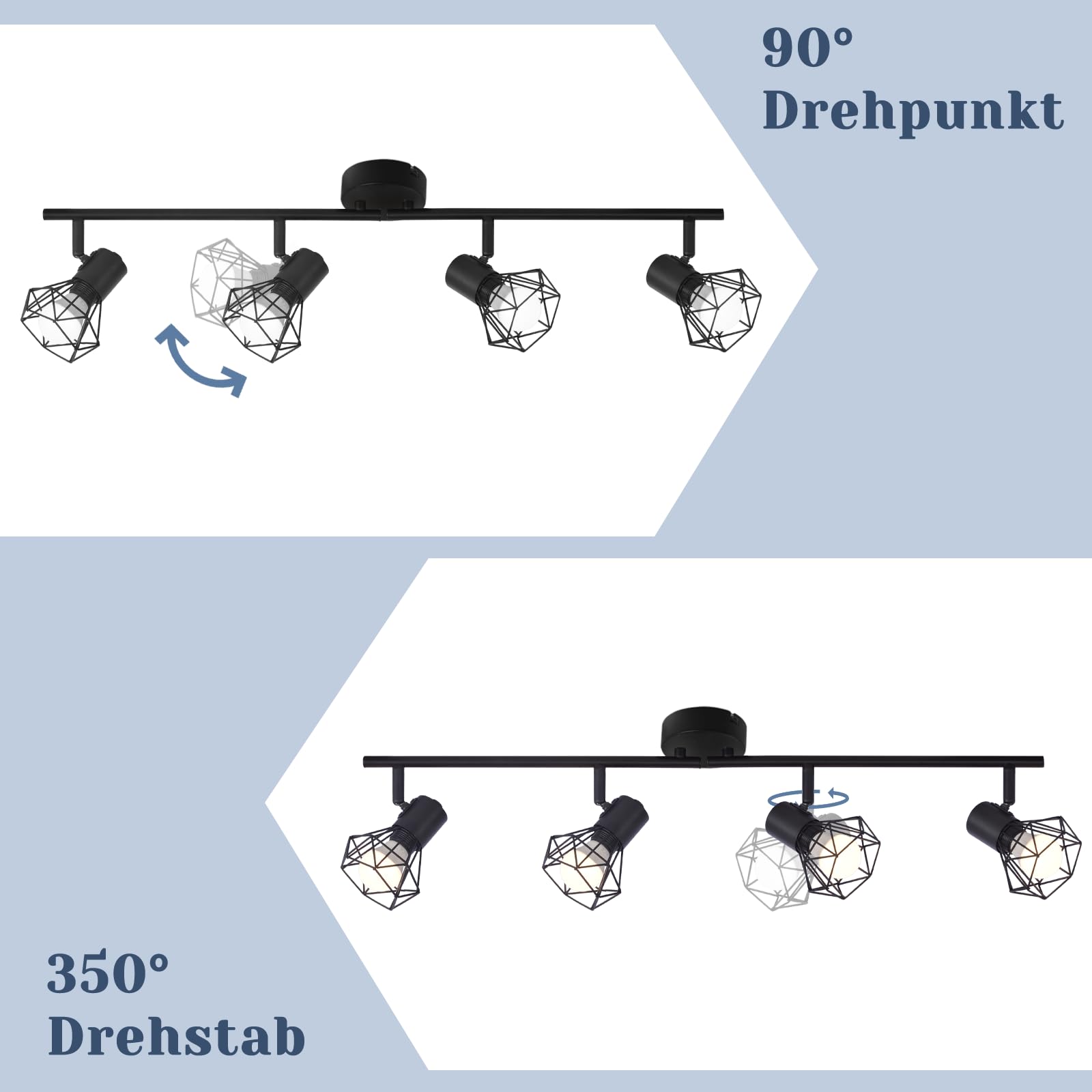 Glitzerlife Deckenstrahler 4 Flammig Deckenlampe Schwarz - Deckenspots Vintage Retro E14 Industrie Schwenkbar 350°Deckenleuchte Matt Metall Innen für Wohnzimmer Jugendzimmer Schlafzimmer Küche