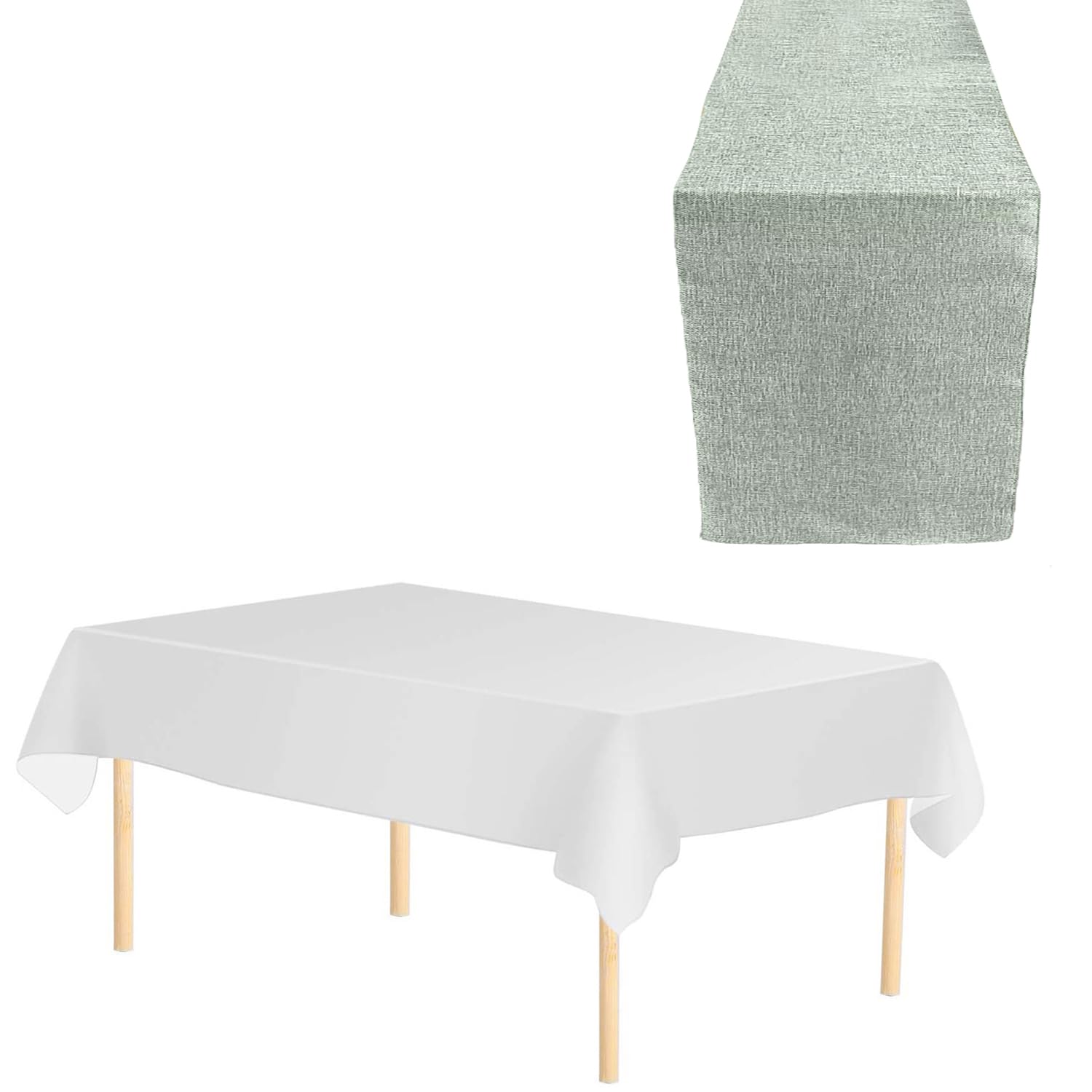 WedDecor 3pcs Silver Hessian Table Runner with White Tablecloth Set