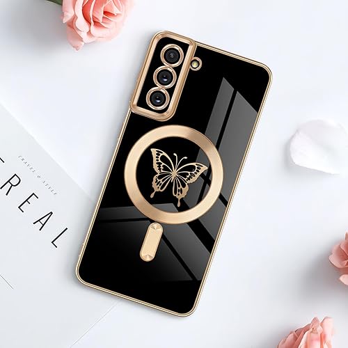 Miniatura 7 de Funda magnética para Samsung Galaxy S21 5G, bonita funda con borde chapado en mariposa con MagSafe para mujeres, niñas y hombres, TPU suave, a