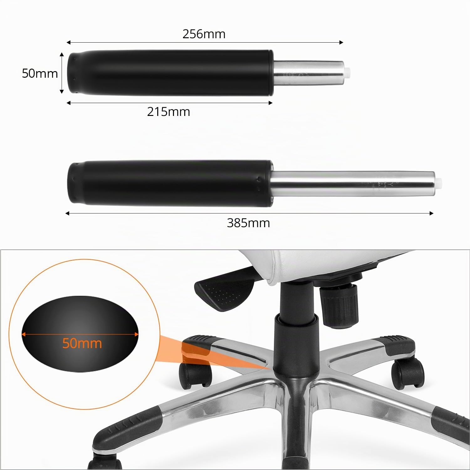 QWORK® Vérin à gaz pour chaise de bureau robuste, compatible avec la plupart des chaises de bureau, longueur totale 265-385 mm, noir, 300 kg