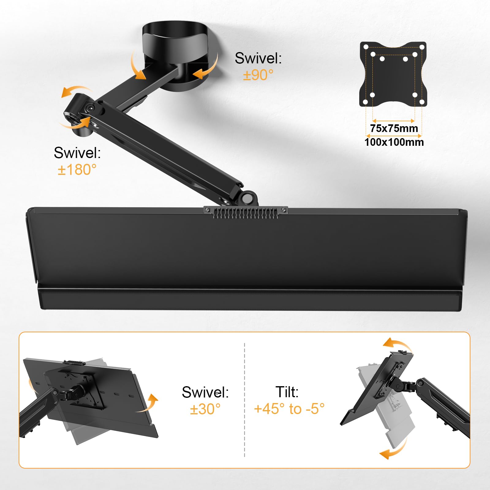 Supporto da parete per tastiera, mouse e supporto per monitor, piattaforma di digitazione regolabile in altezza, supporta fino a 12 kg, nero