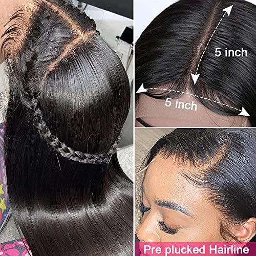 5X5 Hd Lace Closure Wigs Human Hair Pre Plucked 5X5 Hd Closure Wig For Black Women 5X5 Straight Lace Front Wigs Human Hair Glueless Human Hair Wigs With Baby Hair 180% Density Natural Black (24 Inch) #TOP2