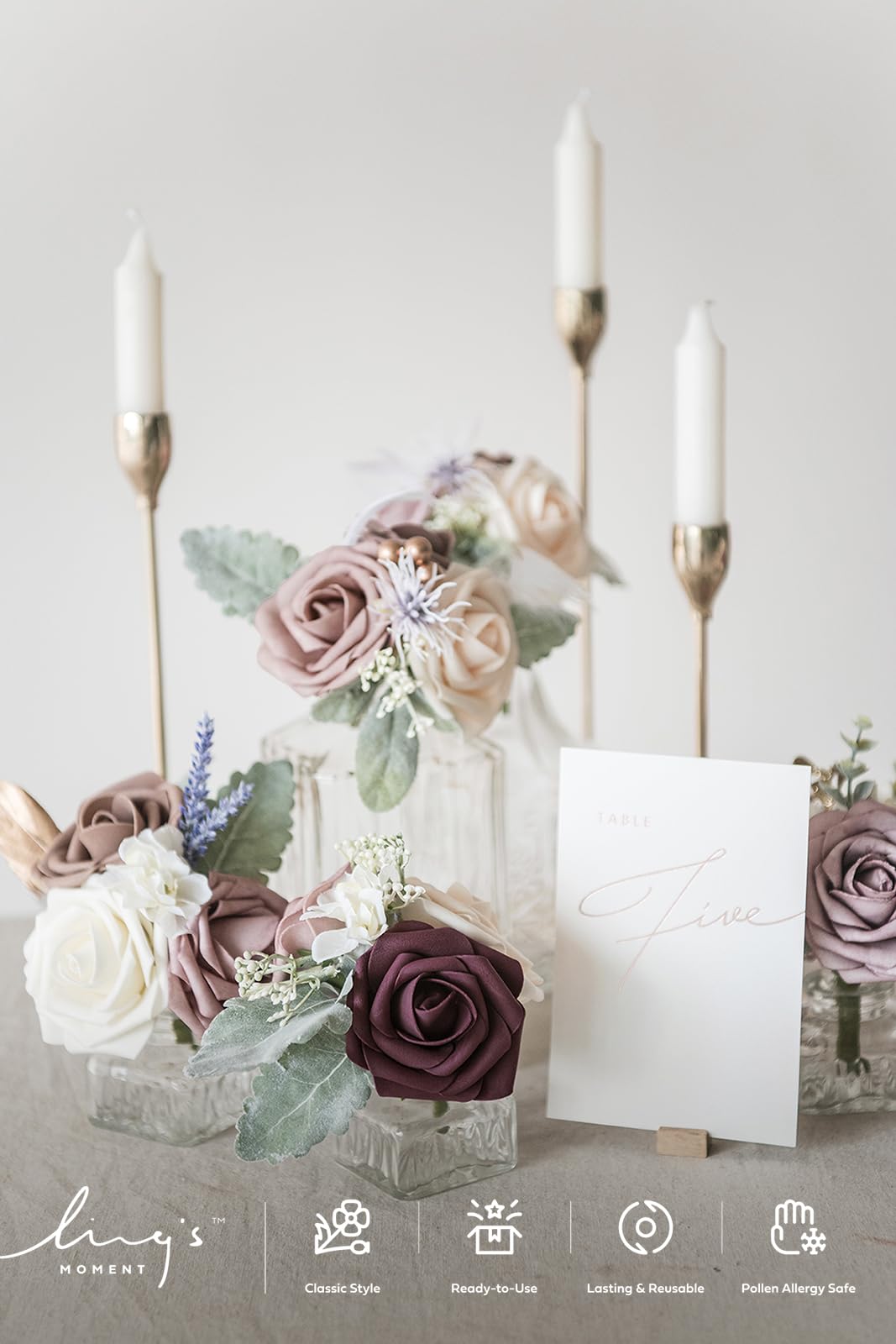Ling's Moment Flores artificiales, 50 rosas polvorientas, decoración con tallos, 7.62 cm de espuma de tacto real para ramo de boda, centros de mesa, telón de fondo de fiesta al aire libre,