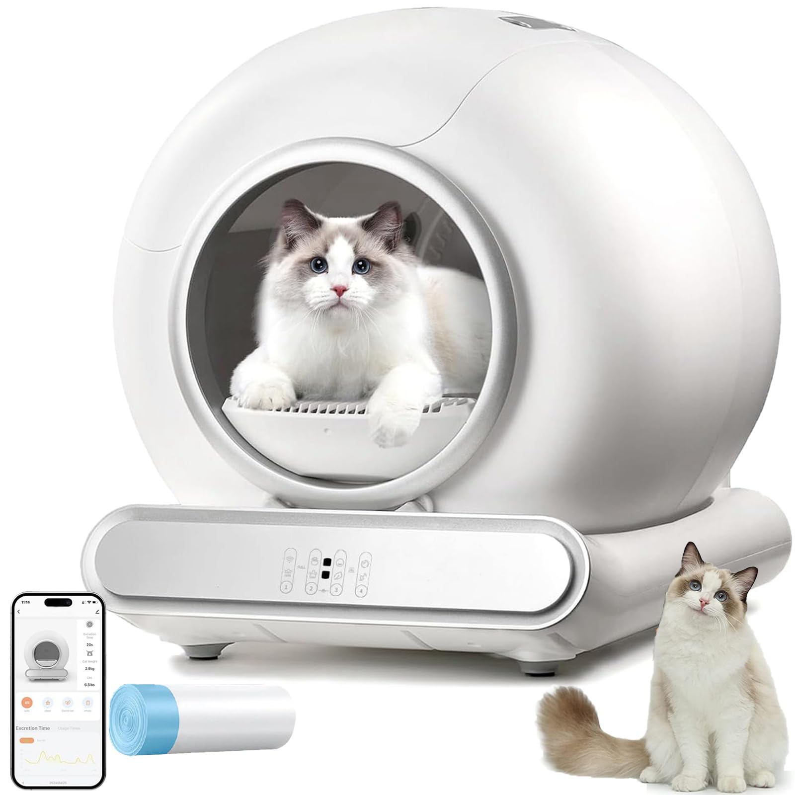 Lettiera Gatto Autopulente, 65L Lettiera Automatica per Gatti Intelligente, Sicurezza, Controllo App Lettiera Autopulente per Gatti per Gatti Abilitata WiFi, con Sacchi Spazzatura, per Più Gatti
