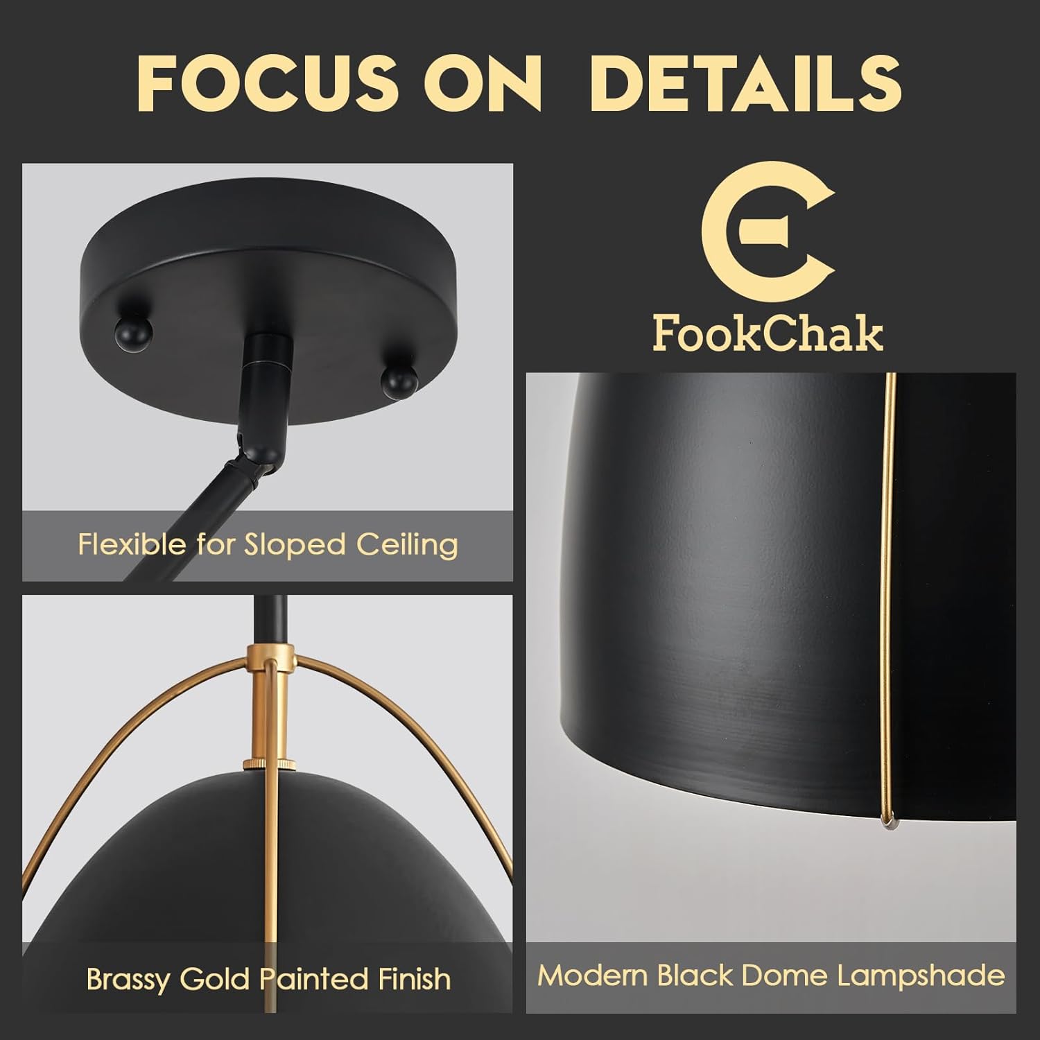 Black Dome Pendant Light 3 Light Socket Large Pendant Light Fixture with Adjustable Pendant Rod 12in Black Gold Pendant Lighting for Kitchen Island Dining Room Kitchen Sink, E26