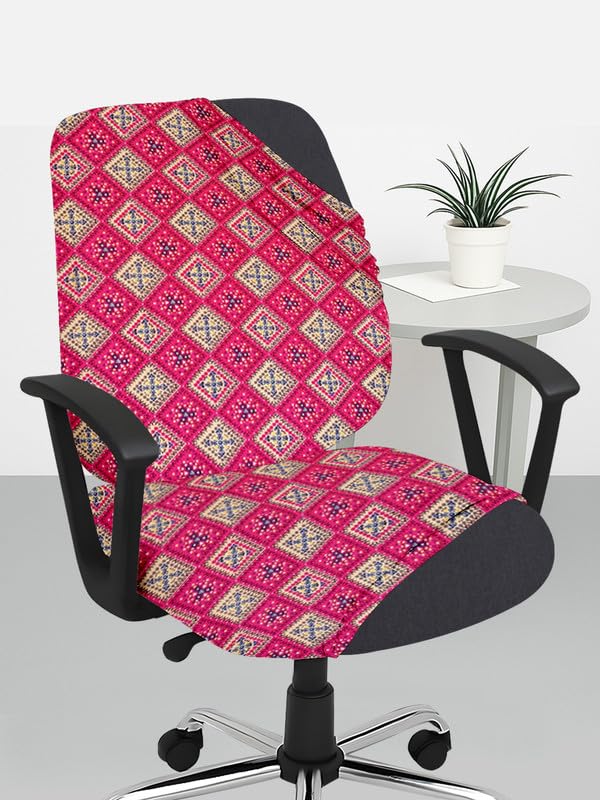 HOTKEI 2Pcs Set of 1 Office Chair Cover Pink Diamond Print 200GSM Fabric Stretchable Elastic Removable Washable Chair Cover Desk Executive Rotating Seat Cover Slipcover Protector Computer Chair-image-22