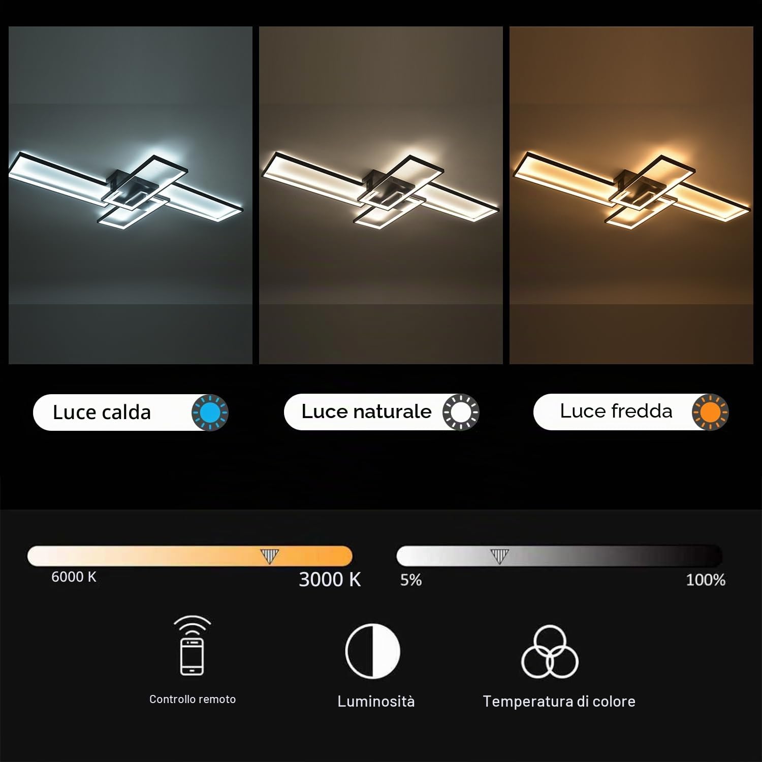 Black Plafoniera LED Soffitto,L130cm Plafoniera Led Soffitto Moderna con Telecomand